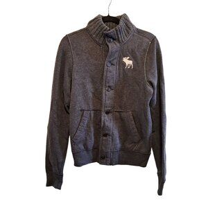 Abercrombie Kids Gray Button-Up Sweater Jacket With Ribbed Collar & Moose Logo X